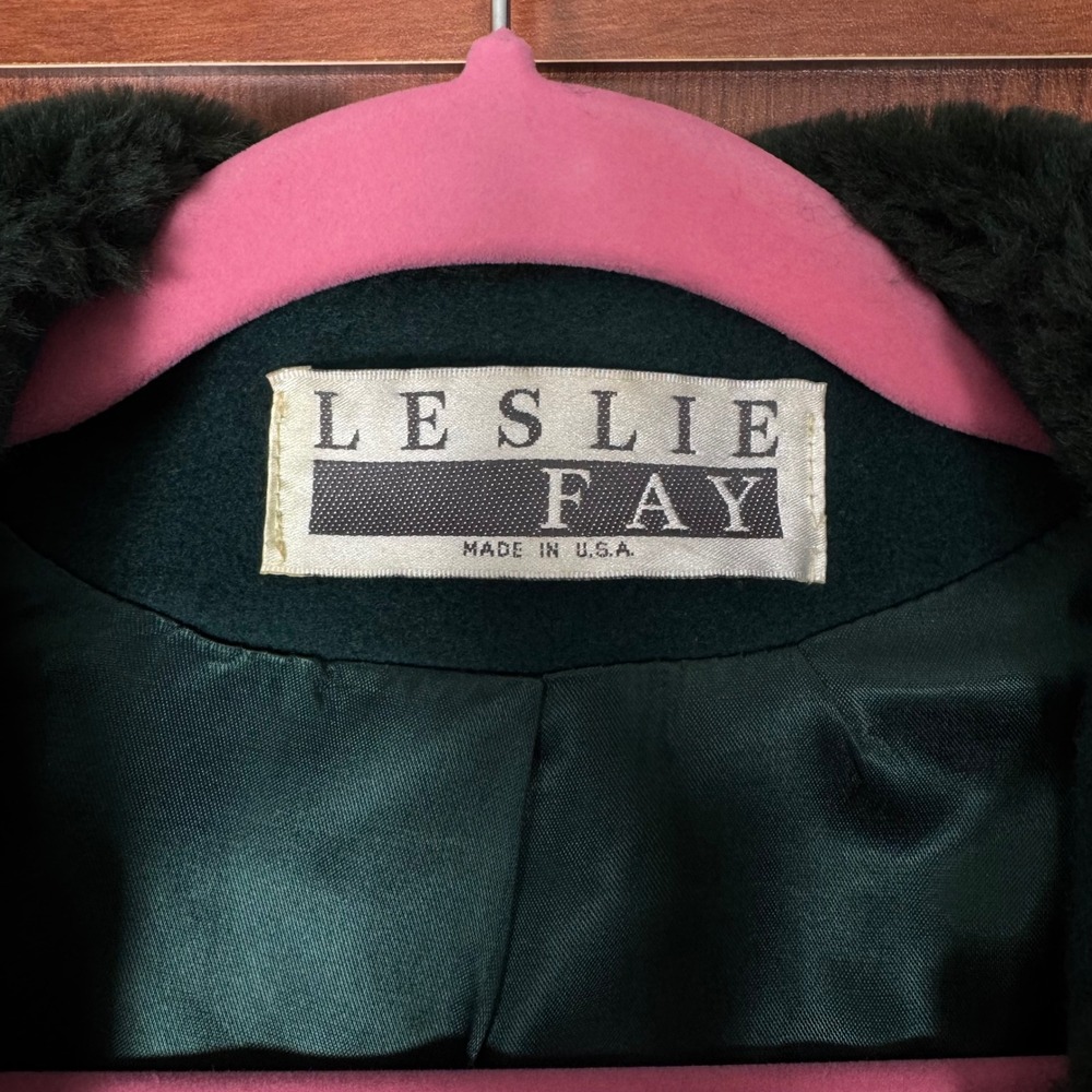 VTG Leslie Fay Wool Blend Coat Faux Fur Collar Cuffs Lined 12 Women's Dark Green - Picture 5 of 11